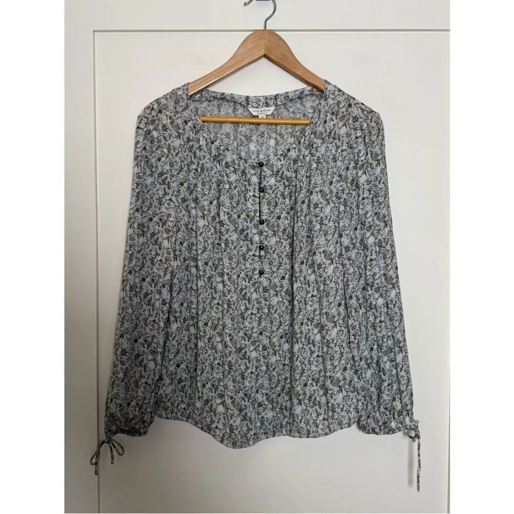 Lucky Brand Blouse Top Tunic Womens Sz L Gray Floral Long Sleeve Boho Peasant